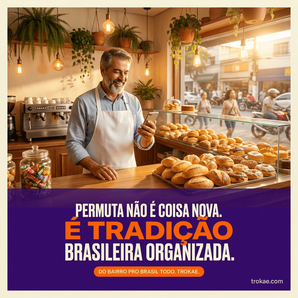 Padaria de bairro com dono sorridente atrás do balcão de pães — permuta não é coisa nova, é tradição brasileira organizada com Trokae