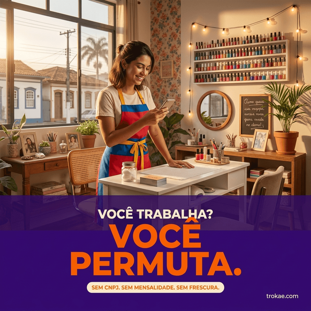 Jovem manicure em salão aconchegante com celular na mão — você trabalha, você permuta: sem CNPJ, sem mensalidade