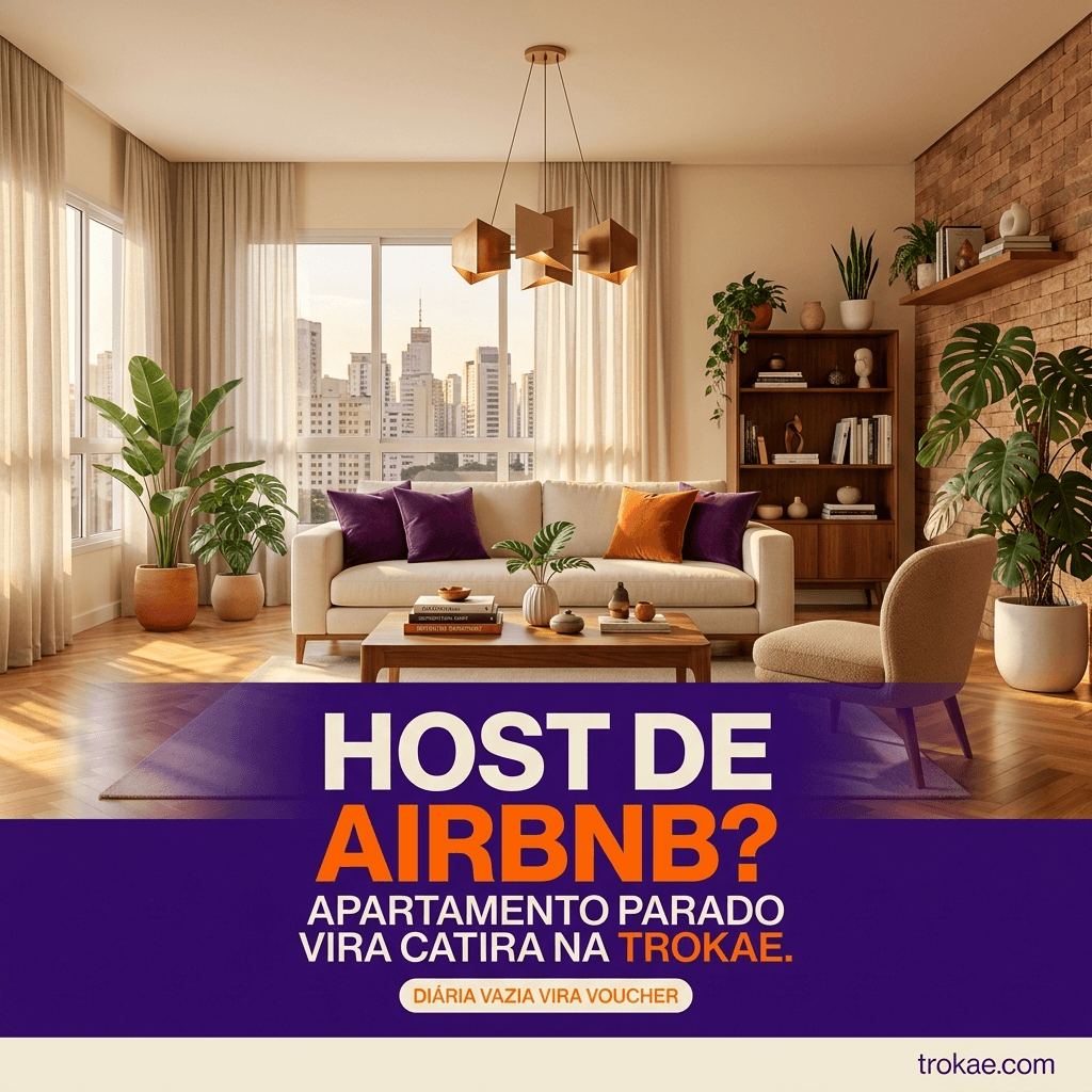 Sala de estar elegante em apartamento urbano — host de Airbnb transforma vacância em voucher Trokae