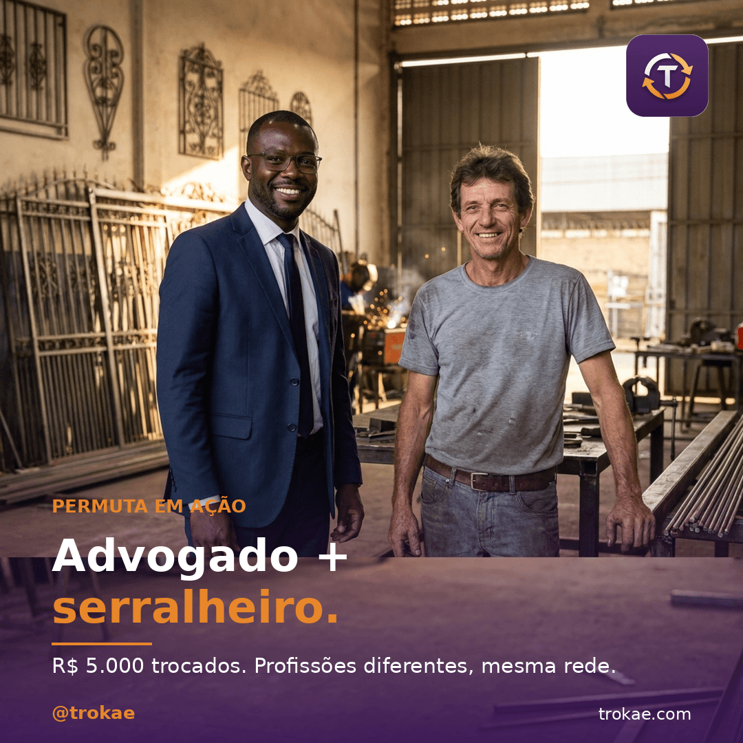 Advogado e serralheiro lado a lado em oficina industrial — R$ 5.000 trocados em serviços diferentes