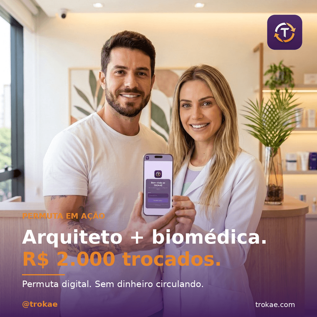 Arquiteto e biomédica jovens com celular em consultório — R$ 2.000 trocados em permuta digital