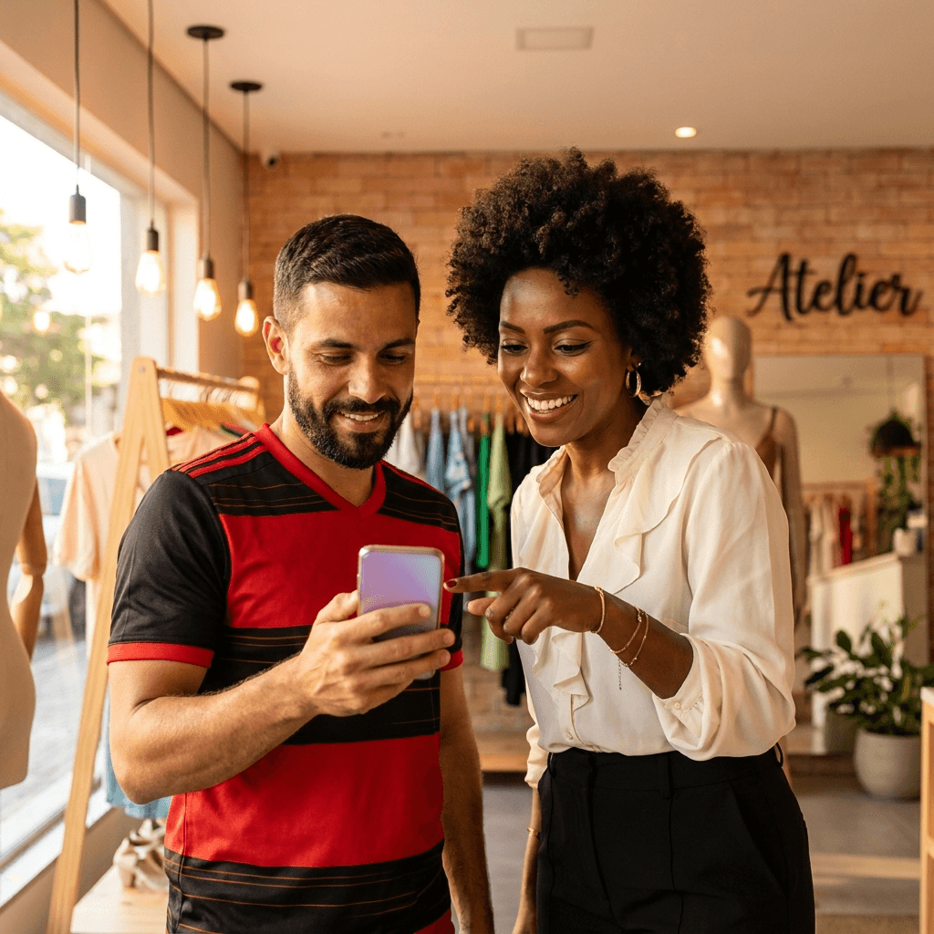 Casal jovem em ateliê de roupas conferindo voucher no celular