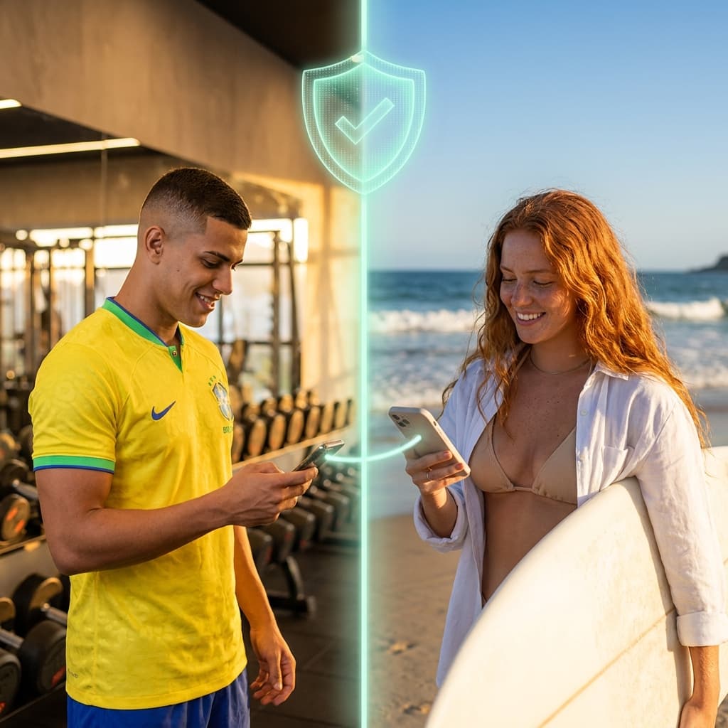 Split de fotos: rapaz em academia e surfista em praia, com escudo de verificação no centro — Trokae faz KYC de toda emissora