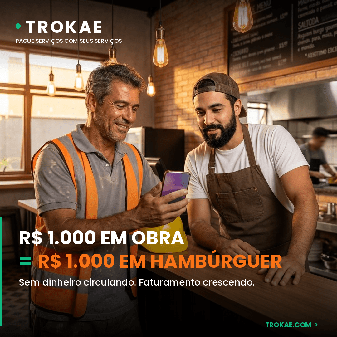 Empreiteiro mostrando celular pra dono de hamburgueria — R$ 1.000 em obra equivale a R$ 1.000 em hambúrguer