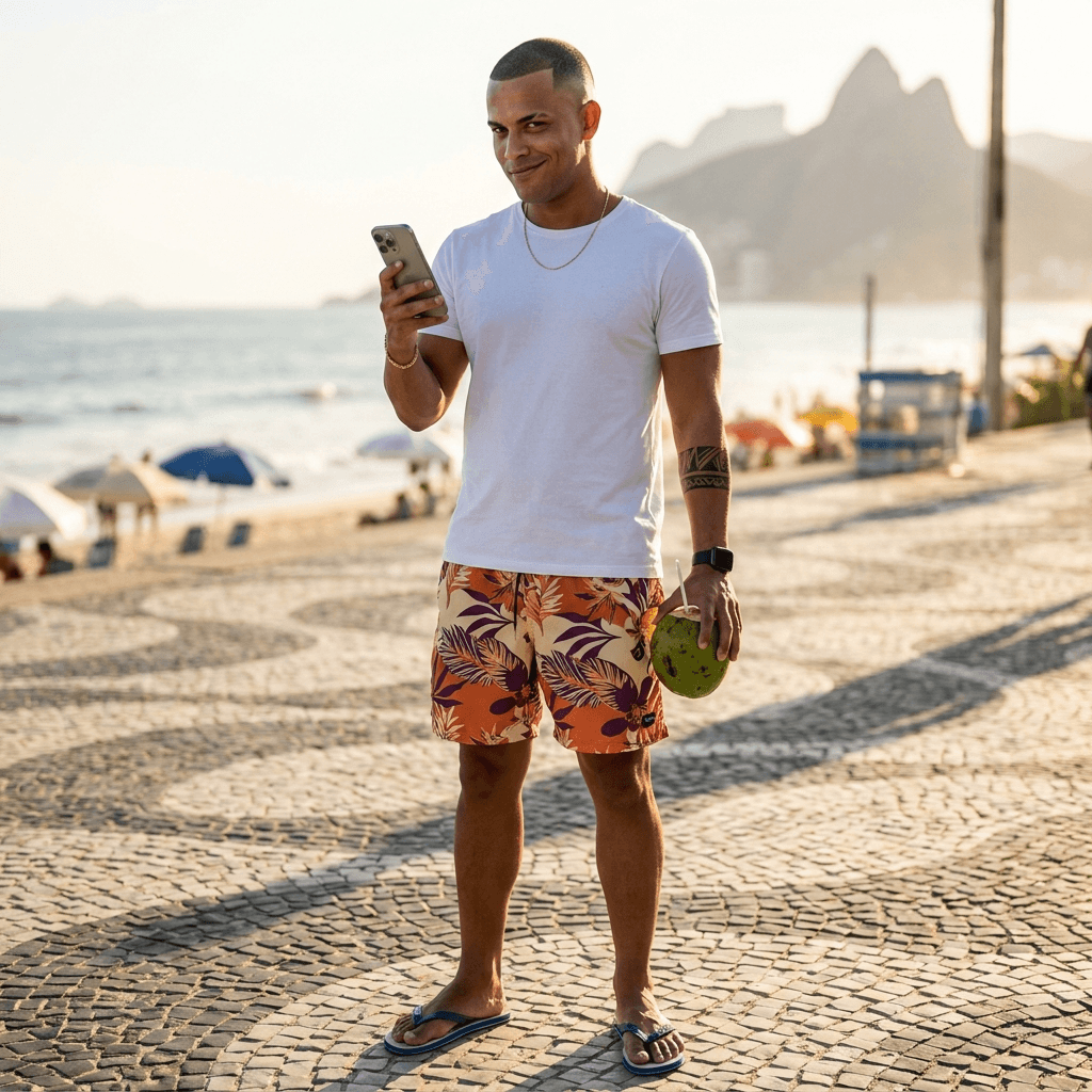 Homem em Ipanema com celular e açaí — Trokae no calçadão